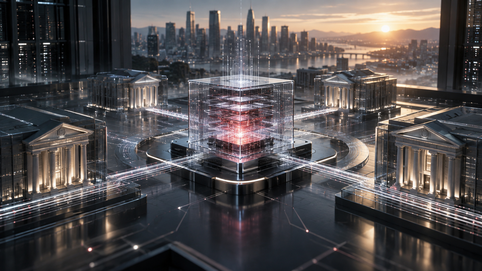 Abstrakte KI-Kreditinfrastruktur aus Glas und Datenlinien im Morgenlicht