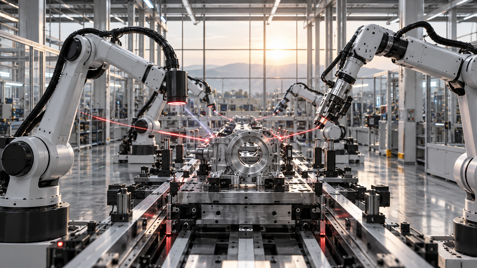 Vernetzte Industrieroboter bearbeiten ein Metallbauteil in einer modernen Fabrik im Morgenlicht